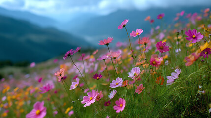 Obraz premium Colorful wildflowers blooming in a field with a mountain range in the background, a beautiful day