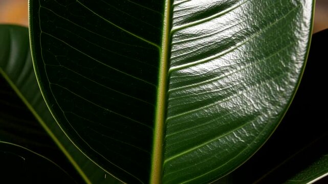 Close-up of a glossy, dark green rubber plant leaf with prominent veins and a central stem.