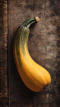Yellow curved tromboncino squash with green stem on rustic wooden surface, warm moody still life with natural texture