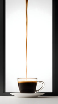 Espresso stream pouring into cup creating crema and steam with minimalist vertical composition