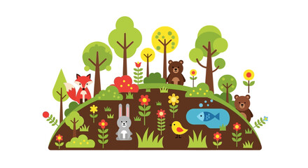 Obraz premium Charming Flat Design Illustration of a Diverse Ecosystem with Forest Animals and Lush Flora in a Vibrant Natural Habitat