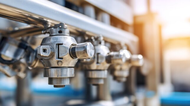 Close up of stainless steel industrial valves and pipes with bright sunlight