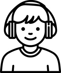 Obraz premium Hand Drawn Boy Wearing Headphones Black and White Avatar Illustration in Minimal Line Art Style Design