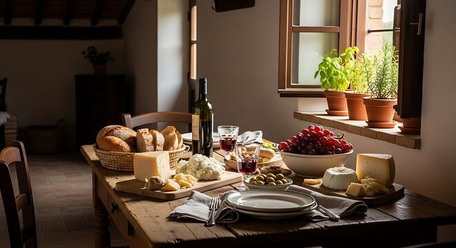 Rustic wooden table set for a delightful Italian feast with cheeses, bread, grapes, and wine
