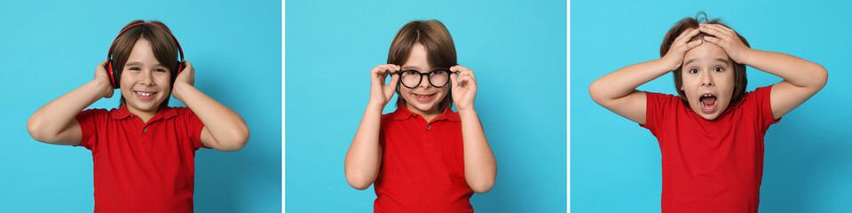 Little boy on light blue background, collection of portraits