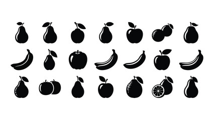 A vibrant and diverse collection of fruit icons in black silhouette on a white background, featuring a variety of shapes and forms, including pears, bananas, apples, and oranges. © Rian