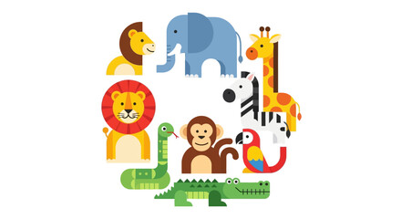 Obraz premium A delightful circular arrangement of cartoon zoo animals including lions, elephants, giraffes, zebras, monkeys, parrots, and crocodiles