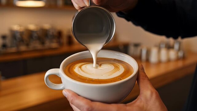 Cream being poured into a cup of coffee to make latte art
