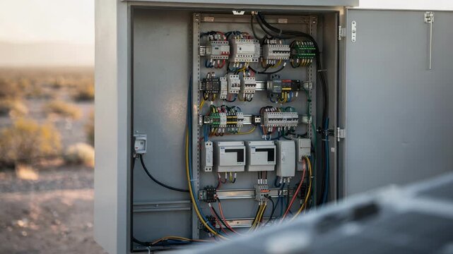 Focused shot of control units and wiring inside the relay site shelter framed by outoffocus solar panels and desert landscape behind.