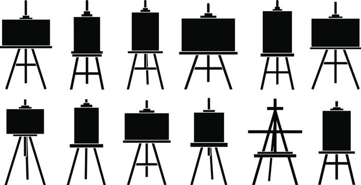 Artist easel silhouette collection, wooden canvas stand vector set, painting display icons, isolated art studio equipment for creative gallery projects design.