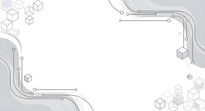 Minimalist futuristic background featuring grey fluid waves, circuit-style lines with nodes, and floating 3D wireframe cubes on a white canvas.