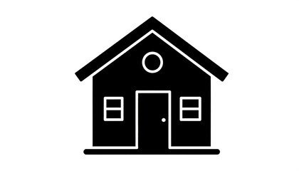 Fototapeta premium Simple black house icon. A single door, two square windows, and a round window under the gable roof