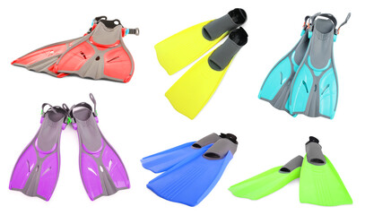 Colorful flippers isolated on white, collage. Swimming accessory © New Africa