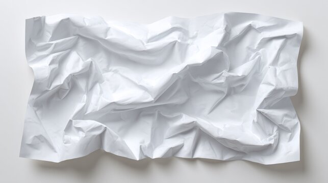 Wrinkled white sheet material displays complex folds and shadows on a light surface.