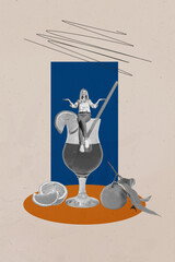 Vertical image art collage of happy girl guy stand cocktail glass orange fruit alcohol celebration...