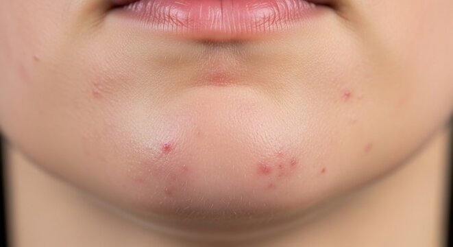 Close up of a young persons chin with acne and pimples.