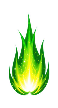 A green flame with sparkles on a white background isolated on transparent background