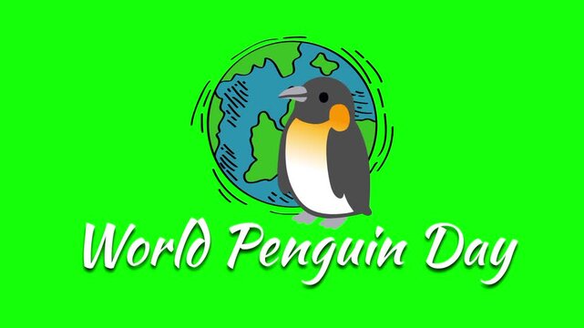 World Penguin Day. Text animation concept. Penguin and earth globe vector icon,  symbol popup. Animated word design. Lettering motion graphic video template with green screen background