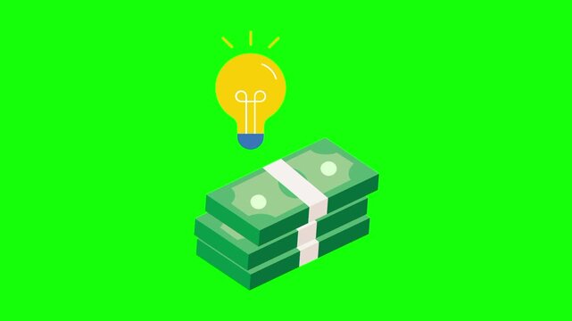 Money and light bulb animation concept with shake motion vector icon symbol popup. Animated smart money business design, editable item motion graphic video template with green screen background