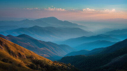 Fototapeta premium Majestic mountain ranges serene landscape under a colorful sky with scenic panoramic views
