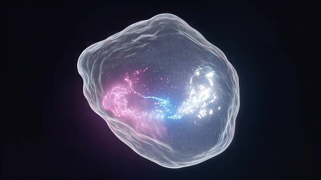 A glowing translucent cube floats in space with vibrant pink and blue lights inside.