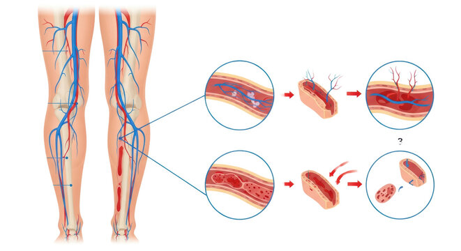 detailed vector diagram of the human lower leg anatomy highlighting deep veins and four insets showing deep vein thrombosis progression from normal flow to embolus formation, concept of medical