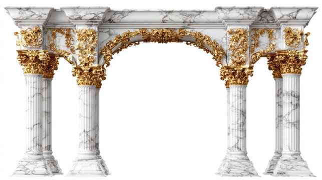 Ornate architectural entryway features classical columns supporting an arched marble structure embellished with intricate gold carvings