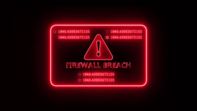 Red neon firewall breach cyber security warning interface animation with glowing digital security alert panel and futuristic hacker intrusion monitoring display