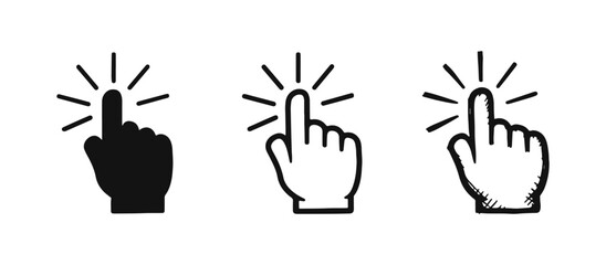 Fototapeta premium Hand with pointing finger clicking or tapping with glowing effect, icon set in flat, line, and doodle styles.