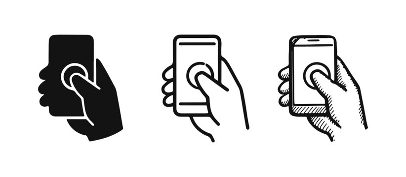 Hand holding smartphone with finger tapping a home button or circular area, icon set in flat, line, and doodle styles.