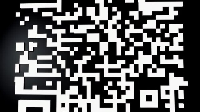 A close-up of a QR code on a black background with white pixels