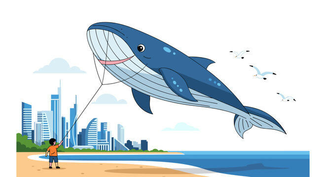 Large blue whale kite flying high.