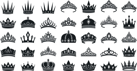 Luxury crown and tiara silhouette icon set royal king queen monarchy jewelry heraldic symbols vector collection © Vector Design Hub