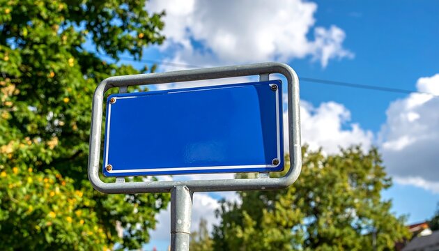 Blank blue street sign on a pole against a partly cloudy sky and trees