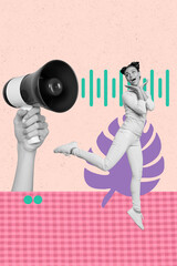 Collage of funky person dancing on checkered floor with tropical leaf and sound wave elements in...