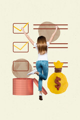 Vertical 3d artwork collage of happy businesswoman businessman receive dollar capital coin bag...