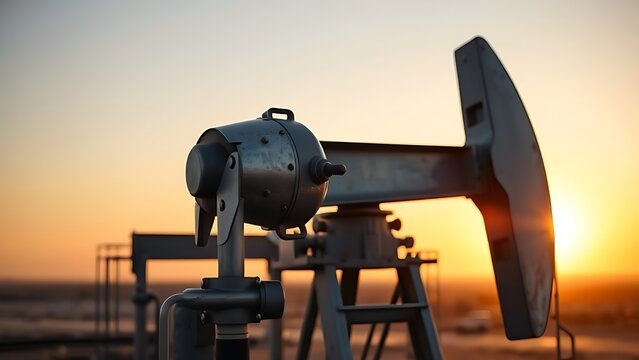 wellhead. A steel oil wellhead structure at sunset, metallic surfaces reflecting light. inspiring travel planning, safety posters, designed for industrial assembly lines and welding operations.