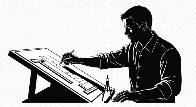 Architectural draftsman working on a detailed blueprint at a desk