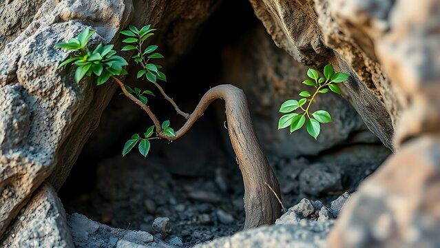 godliness. Young tree growing through rock crevice showing resilience in nature. ESG reports, sustainability campaigns, designed for environmental awareness campaigns, promotes sustainability.