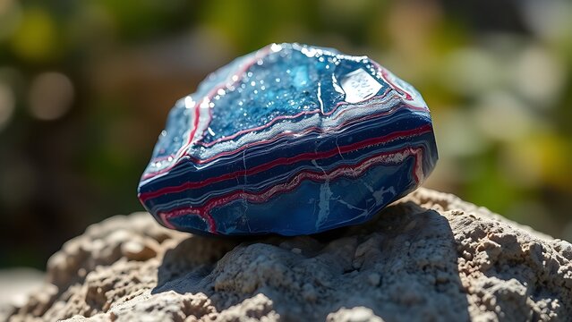 corundum. Raw corundum specimen with blue and red striations on rough stone. STEM education sheets, lab safety posters, designed for biotech research communications.