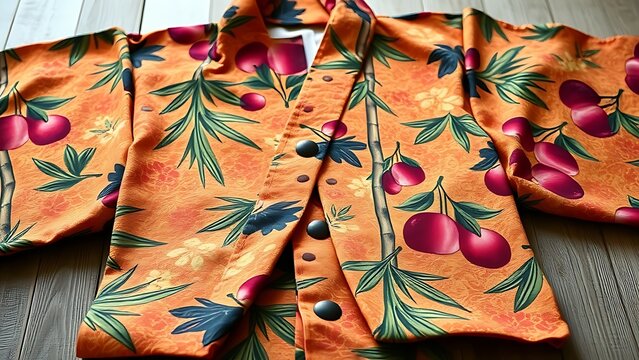 happi. Vibrant Japanese happi coat with pine, bamboo, and plum patterns. event programs, museum guides, designed for cultural heritage projects and event programs, elevates cultural identity.