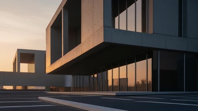 A modern concrete building with large square windows reflecting a serene orange and blue sky