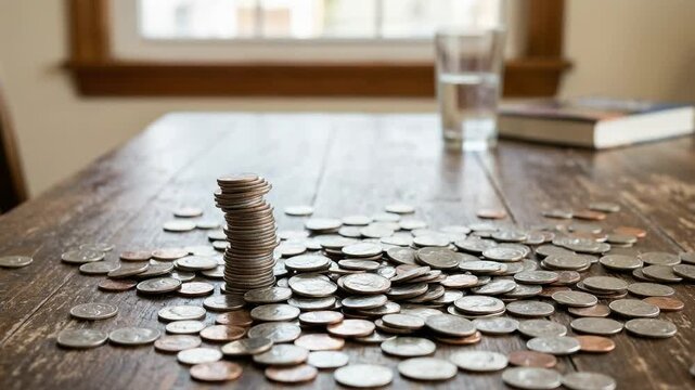 A tall stack of silver coins loses its balance and collapses, scattering across the surface of a wooden table against a bright blurred interior.