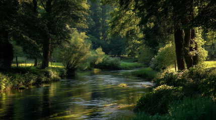 A serene river flowing peacefully through a lush green forest landscape with the sun's warm light shimmering through the trees and reflecting on the water's surface.