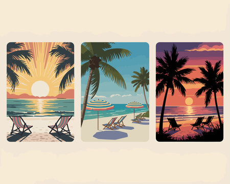 A vibrant triptych showcasing tropical beach scenes with palm trees sunsets and lounge chairs on transparent background high-quality professional detailed.