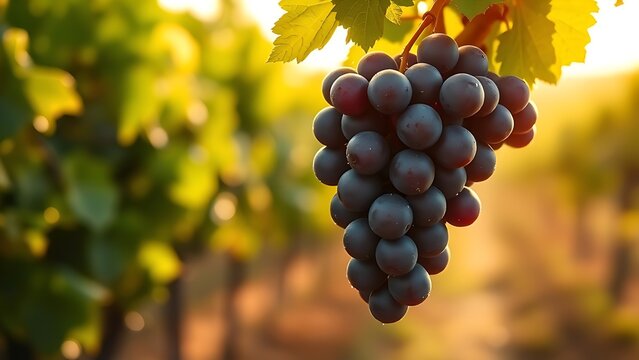 generality. A single cluster of Cabernet Sauvignon grapes glistening with dew in a vineyard under soft sunlight. gardening catalogs, home-decor guides, designed for home decor and floral branding.