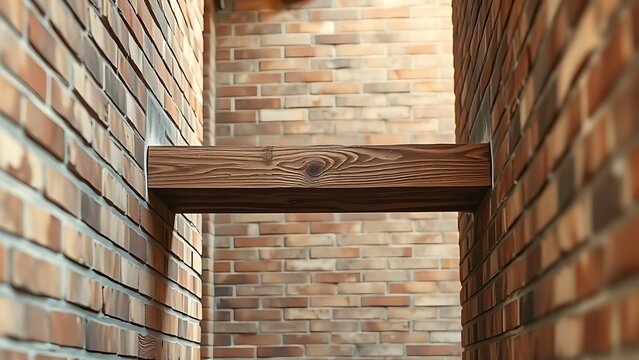 joist. A single weathered wooden joist between brick walls at a construction site. real-estate listings, architecture portfolios, designed for interior renovation comparisons for interiors.