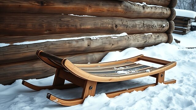 sundered. A traditional wooden toboggan leaning against a rustic cabin wall in the snow. travel magazines, destination branding, designed for outdoor magazines and nature guides, used by copywriters.