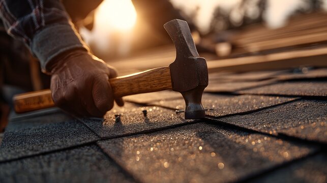 Hands grip hammer, striking shingle with purpose