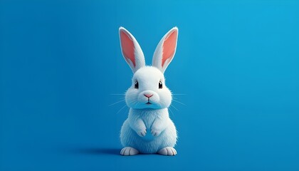 Fototapeta premium A cute white rabbit with pink ears standing on a blue background